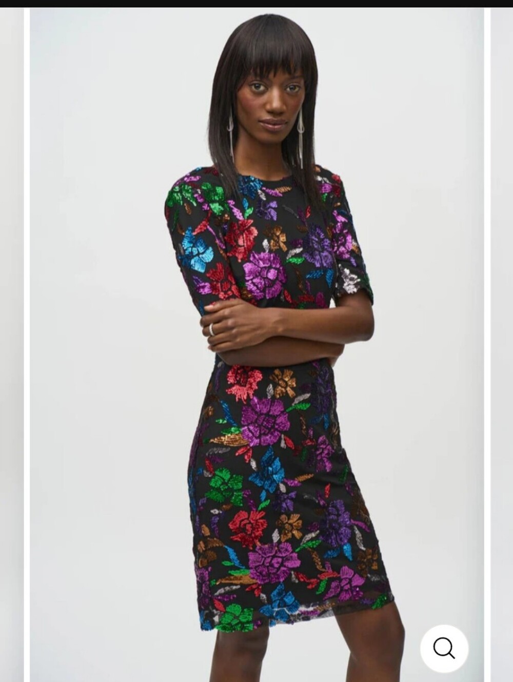 Joseph Ribkoff Sequined Mesh Floral Print Sheath Dress In Black W/Multicolor Seq